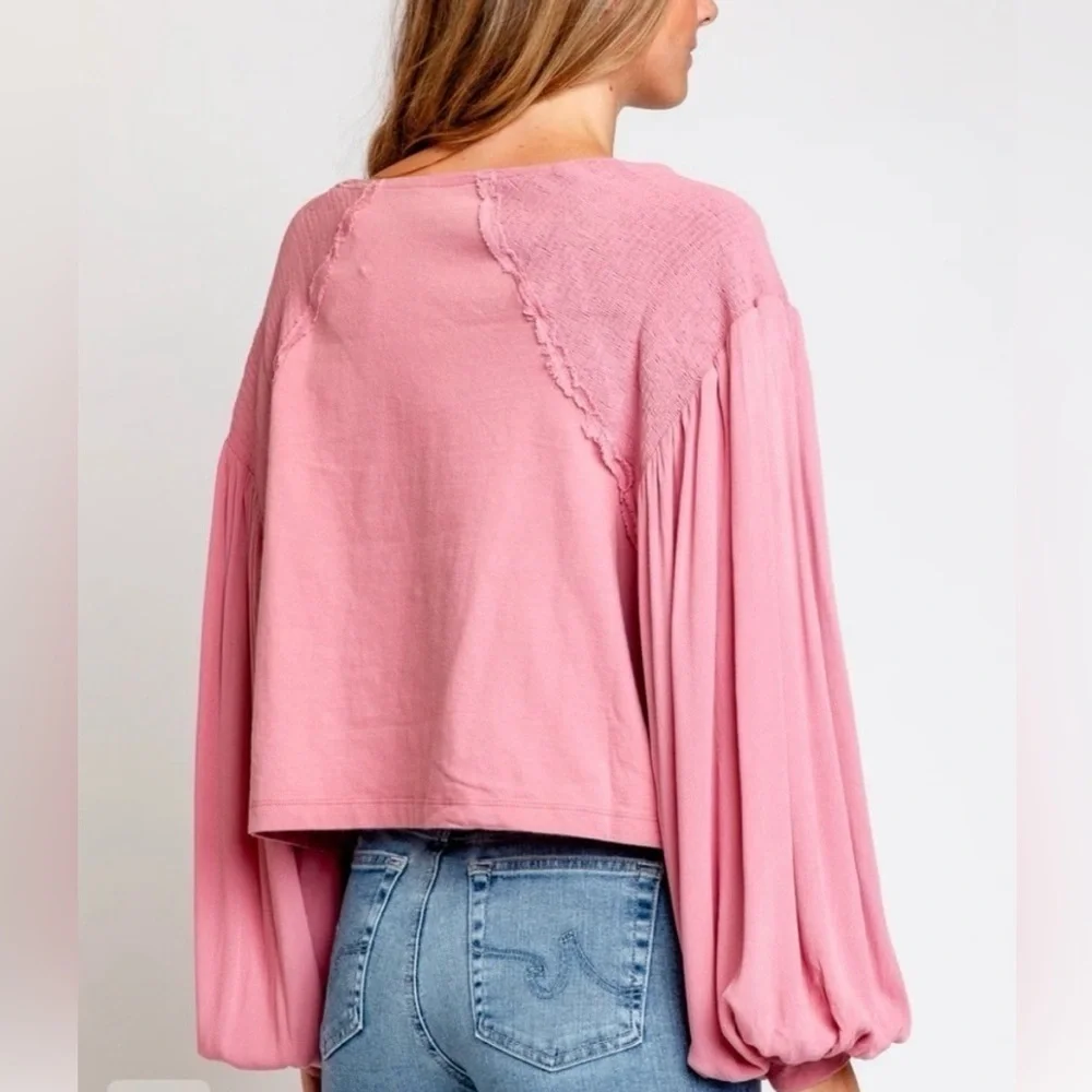 NWT Free People Kathy Boho Blouse in Blush Rose, Long Sleeve Statement Top‎